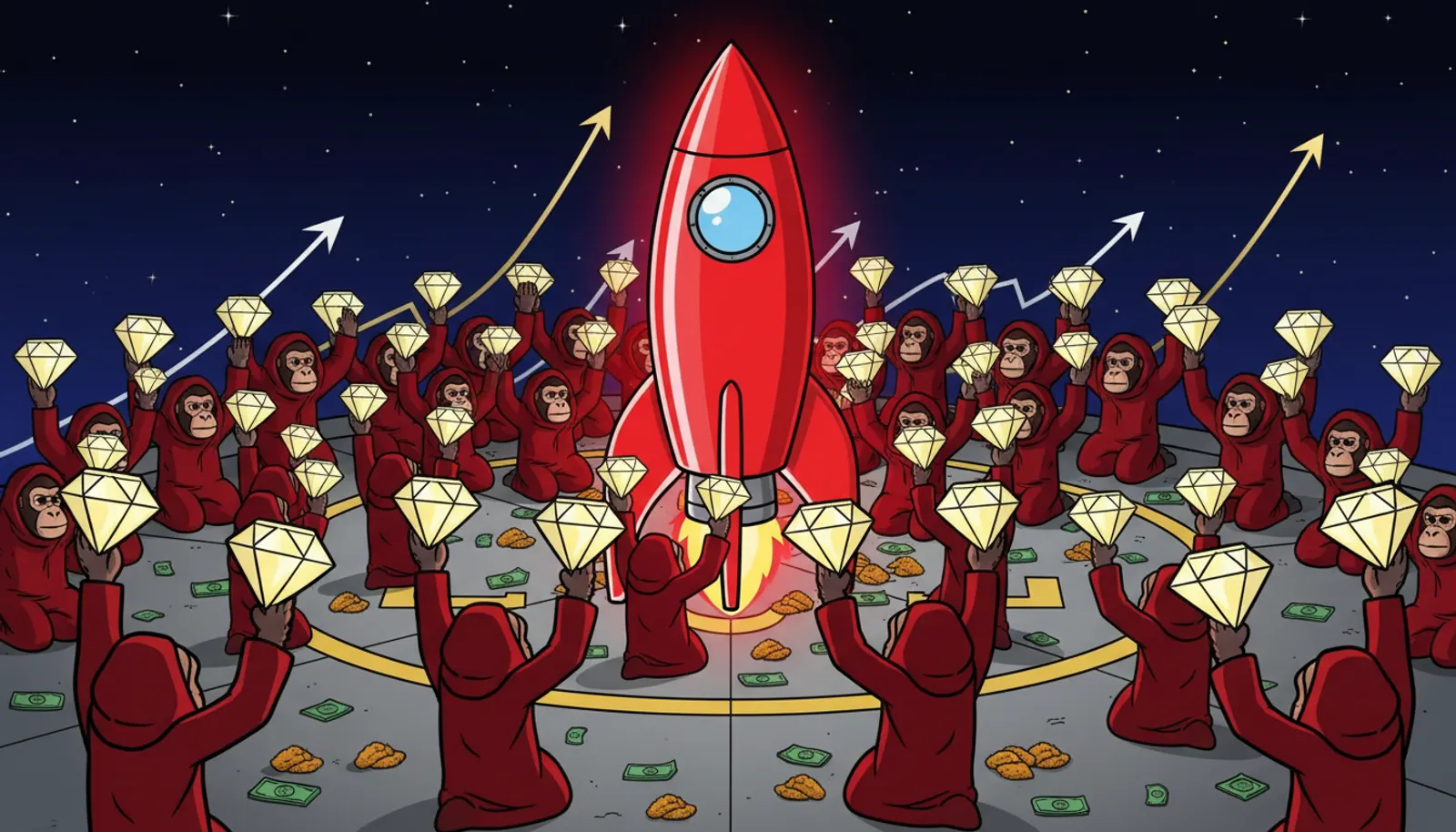 Apes in red robes holding up diamonds around a red rocket
